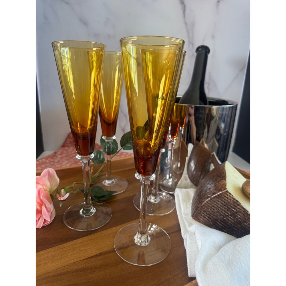 Set of 4 Amber Ombre Champagne Flutes Clear Stem MCM‎ Style Glassware